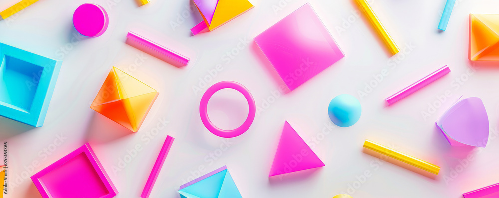 Bright background with neon-colored geometric shapes on a white base. Bright background with neon-colored geometric shapes on a white base.