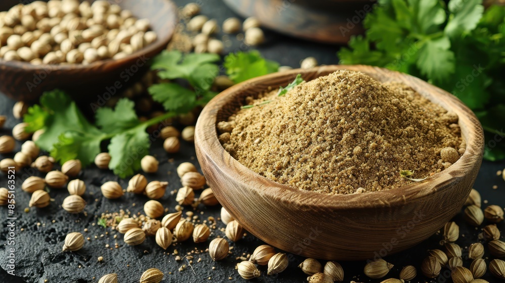 Ground coriander seeds and coriander powder Ground coriander seeds and coriander powder