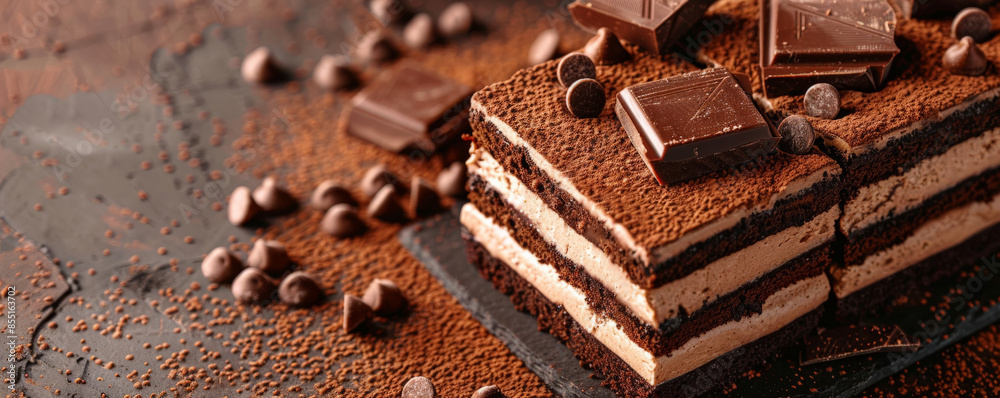 Chocolate background with creamy, layered chocolate cake slices.