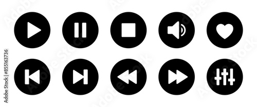 Music player icon set with play, pause, next, previous, heart, like and settings symbol in black and white color. Media Player Buttons icon set, Play and pause buttons sign, Video Audio Player button.