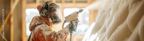 Worker spraying foam insulation in a homes.