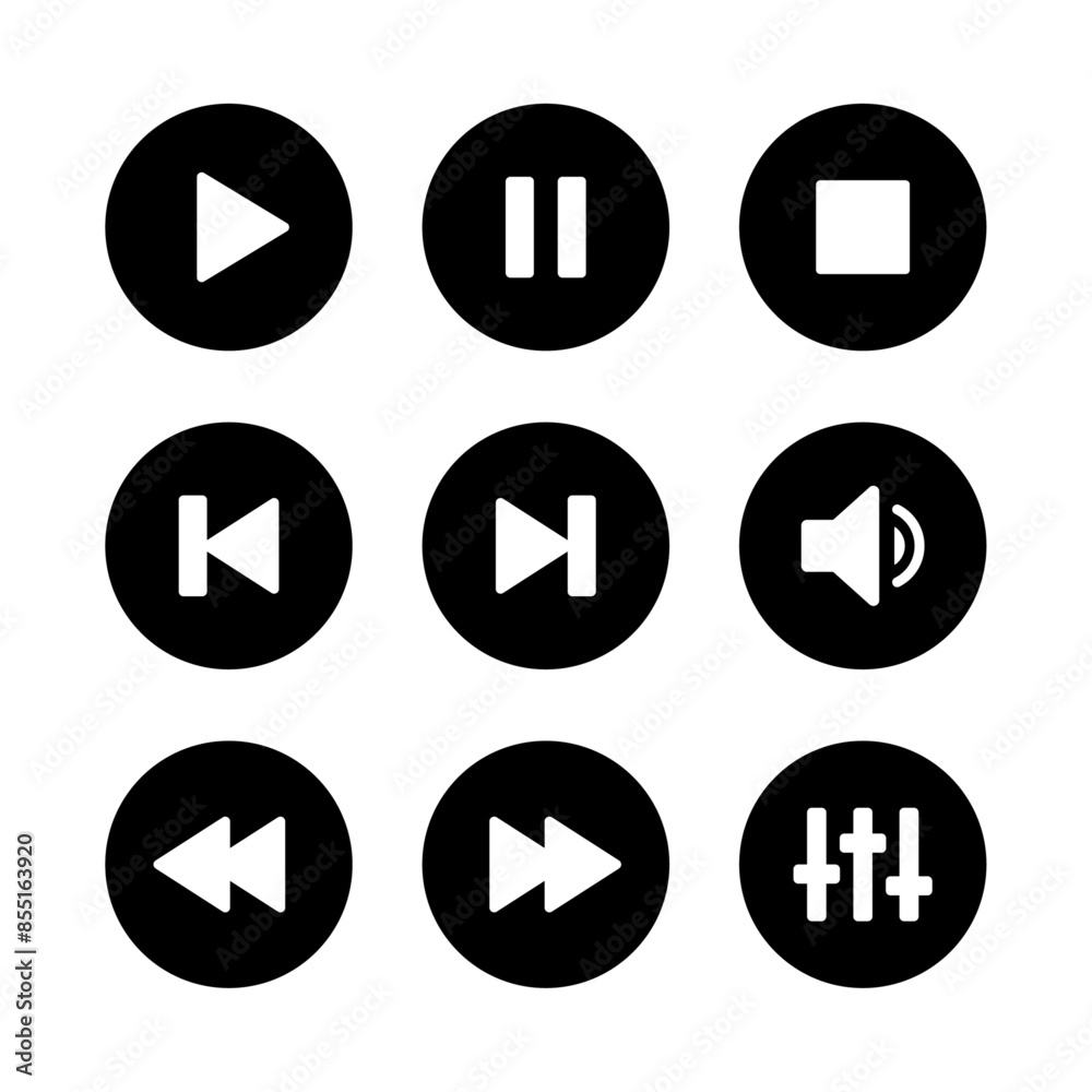 Music player icon set with play, pause, next, previous like and settings symbol in black and white color. Media Player Buttons icon set, Play and pause buttons sign, Video Audio Player button symbol. Music player icon set with play, pause, next, previous like and settings symbol in black and white color. Media Player Buttons icon set, Play and pause buttons sign, Video Audio Player button symbol.
