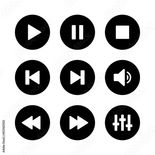 Music player icon set with play, pause, next, previous like and settings symbol in black and white color. Media Player Buttons icon set, Play and pause buttons sign, Video Audio Player button symbol.