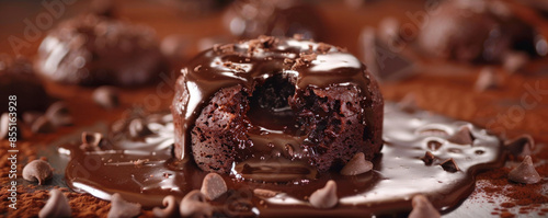 Chocolate background with glossy, molten chocolate cake with a gooey center. photo