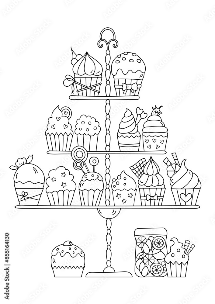 Fototapeta premium Coloring Page For Adults And Children Features A Stand With Cupcakes, Providing A Stress-Relieving Coloring Book Experience