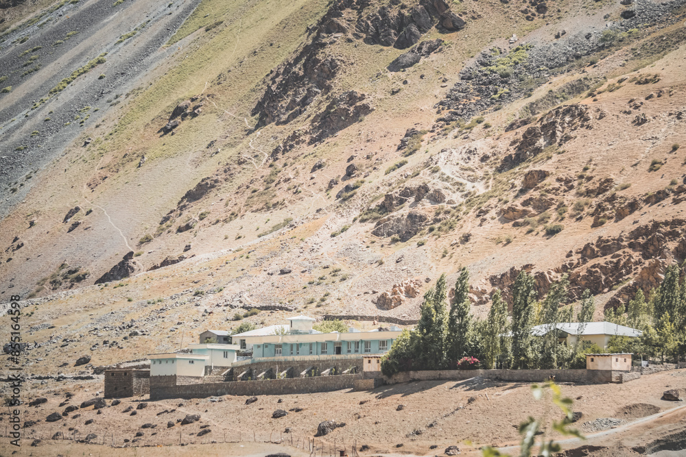 Obraz premium Old building of the Soviet era in the mountains of Tajikistan