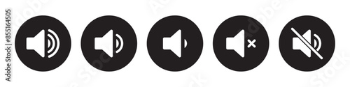 Speaker icon set with ring, mute, 50% volume and silent for smartphone user interface in black color. Sound volume icons set with different signal levels on white background. Sound icon, volume symbol