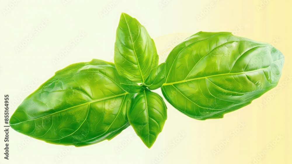 Fototapeta premium A delicate sprig of vibrant green basil herb is shown close up against a pale, diffused backdrop, excellent for culinary promotion banners.