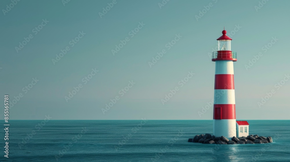 A lighthouse stands alone on a rocky outcrop in the middle of a calm sea A lighthouse stands alone on a rocky outcrop in the middle of a calm sea
