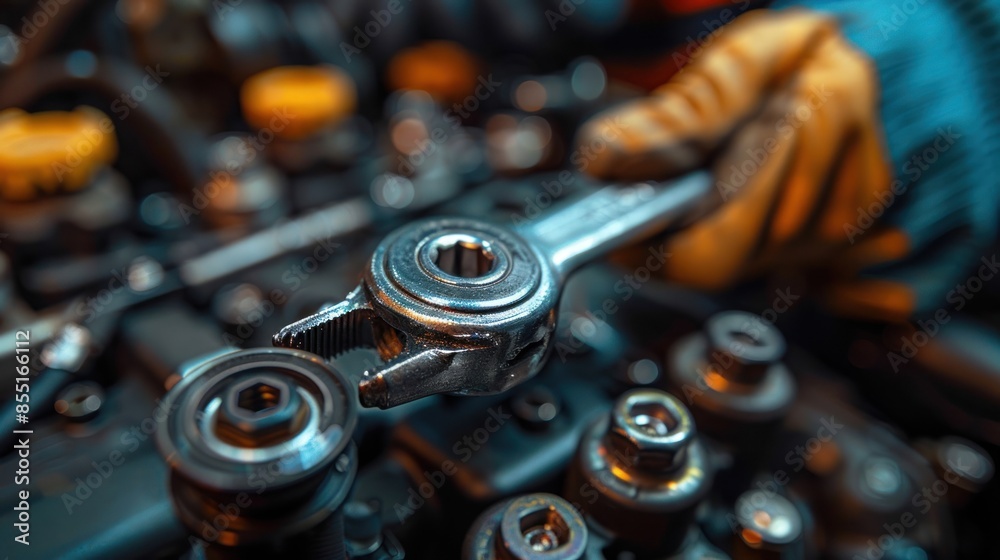 Close-up of a Wrench in a Car Engine Close-up of a Wrench in a Car Engine