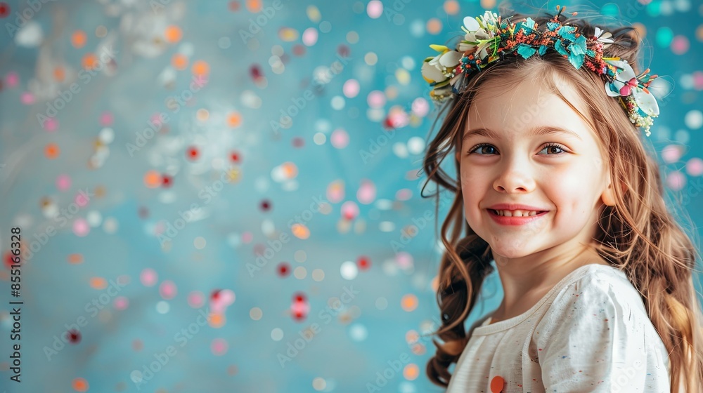 Portrait of a girl smiling, blue confetti background with copy space. Concept mockup, banner, text, birthday, holiday,party,congratulation, invitation, postcard,design, childhood, emotions, lifestyle. Portrait of a girl smiling, blue confetti background with copy space. Concept mockup, banner, text, birthday, holiday,party,congratulation, invitation, postcard,design, childhood, emotions, lifestyle.