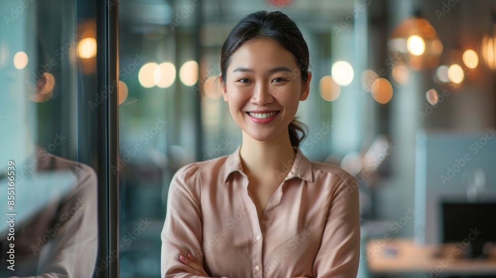 A Smiling Asian Woman With Arms Crossed At The Glass Wall In The Office, Radiating Confidence