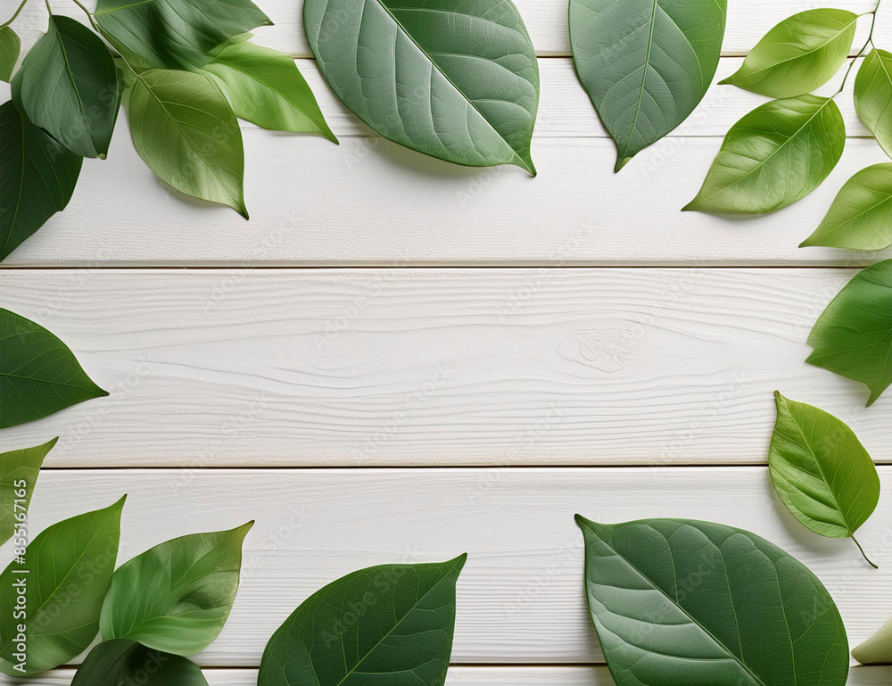 green leaves on white wooden background green leaves on white wooden background