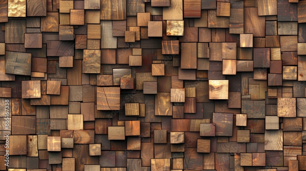 A seamless pattern of wooden squares, each with its own unique grain and texture, arranged in an aesthetically pleasing composition for wall decoration. SEAMLESS PATTERN A seamless pattern of wooden squares, each with its own unique grain and texture, arranged in an aesthetically pleasing composition for wall decoration. SEAMLESS PATTERN