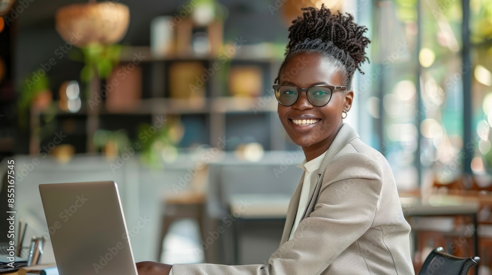 A Smiling Businesswoman Working With A Laptop, Looking At The Camera In A Modern Startup A Smiling Businesswoman Working With A Laptop, Looking At The Camera In A Modern Startup