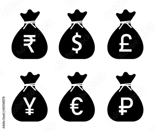 Money sack icon set with dollar, rupee, pound, yen, yuan, euro and ruble symbol. Set of money symbols vector. Popular currency symbol set. Currency icons vector illustration.