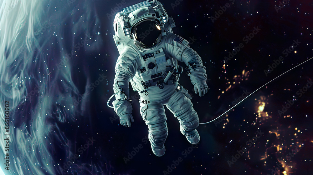 Fototapeta premium An astronaut floating in space with a tether photorealistic high detail 