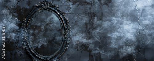 Halloween background with a vintage, cracked mirror reflecting ghostly images.