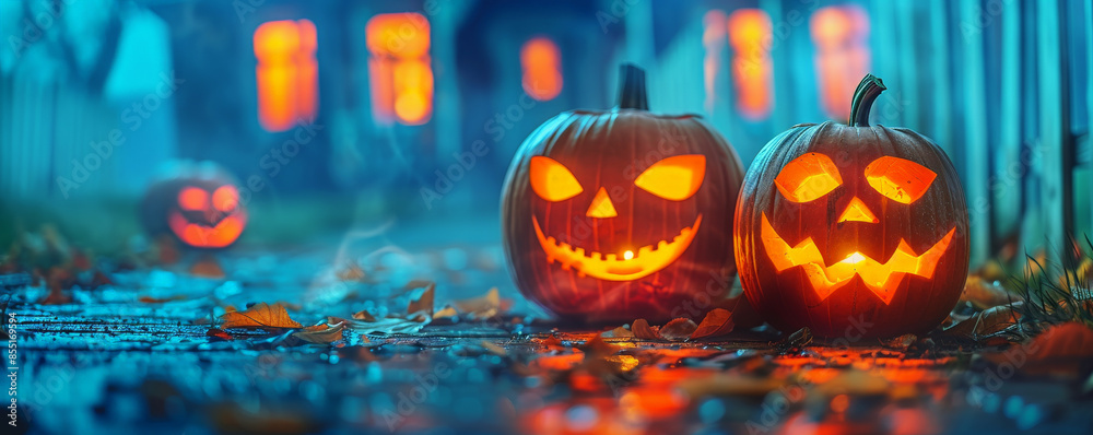 Fototapeta premium Halloween background with haunted looking, carved pumpkins in front of a creepy house.