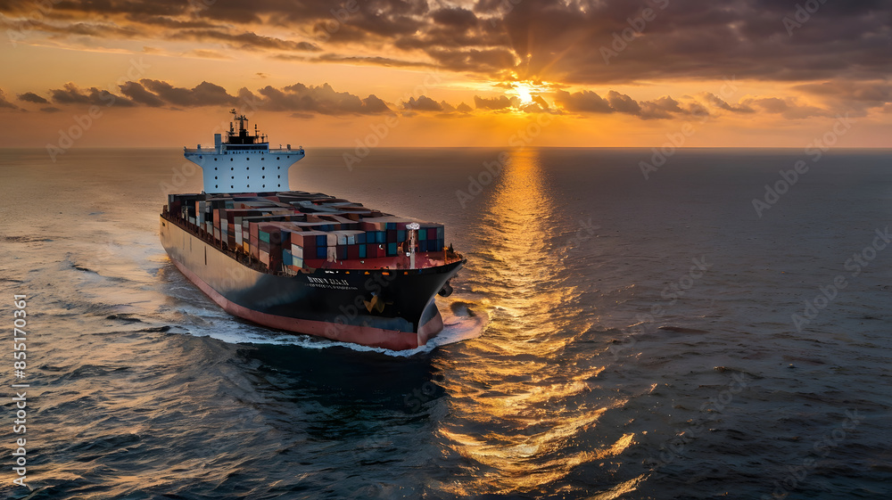 Cargo ship with containers on deck sailing across the ocean at sunset, cargo ship, container ship Cargo ship with containers on deck sailing across the ocean at sunset, cargo ship, container ship