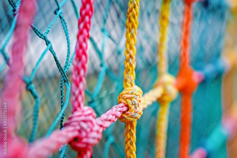A detailed view of a colorful volleyball net, showcasing its intricate mesh pattern and sturdy ropes. The net appears to be in pristine condition, ready for a game. A detailed view of a colorful volleyball net, showcasing its intricate mesh pattern and sturdy ropes. The net appears to be in pristine condition, ready for a game.