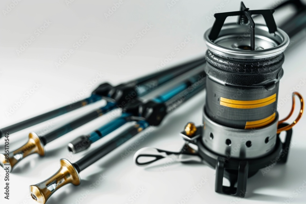 A close-up of a hiker's trekking poles and a lightweight camping stove A close-up of a hiker's trekking poles and a lightweight camping stove