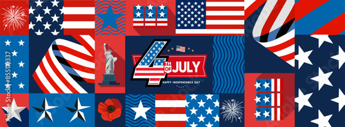 4th of July. US Independence Day. Vector illustration of American flag, star, objects, Statue of Liberty, symbol, sign, ribbon icon for greeting card, poster, banner, background or invitation.  