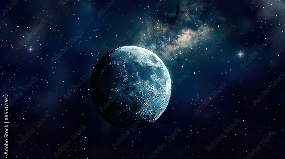 Fototapeta premium Beautiful panoramic depiction of the moon in space highlighting its detailed topography and craters with the dark star-studded backdrop of space offering a captivating and tranquil cosmic scene 