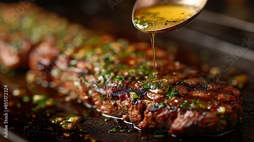 A close-up shot of a hanger steak being basted with garlic and herb-infused butter, showing the marbling and juicy texture, the basting spoon in mid-action adding a dynamic element photo