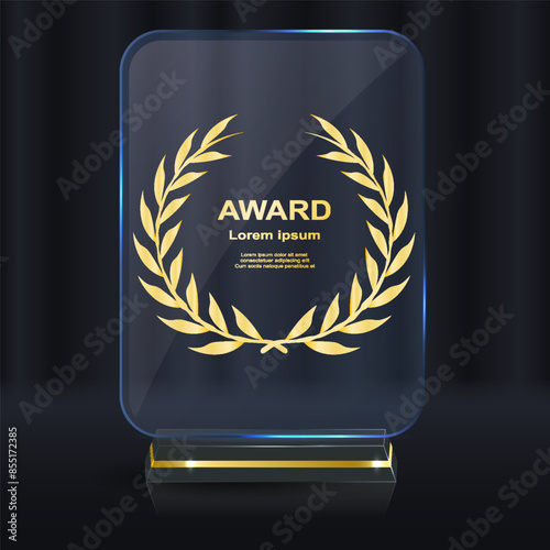 Set of glass award trophy with laurel wreath. Transparent prize template with golden laurel branches. Winner first place concept. Vector illustration.