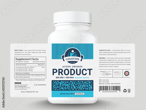 Food supplement vitamin medicine label sticker design dietary drug capsule and tablet modern bottle jar box packaging.