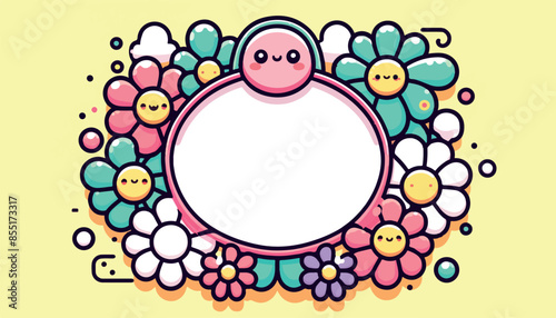 A delightful collection of kawaii floral frames featuring cute, smiling flowers and leaves in pastel colors. Perfect for invitations, greeting cards, and scrapbook designs, these adorable illustration