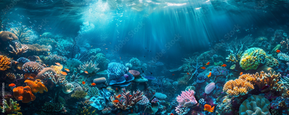 Naklejka premium Underwater background with a bustling underwater ecosystem and various coral species.