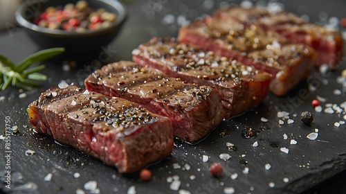 A close-up shot of a porterhouse steak garnished with coarse sea salt and cracked black pepper, highlighting the intricate marbling and juicy, tender texture, set on a dark slate plate for contrast.