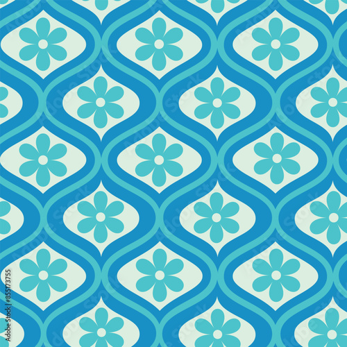 Retro Blue and turquoise flowers on ogee seamless pattern. For home décor, wallpaper, fabric and textile