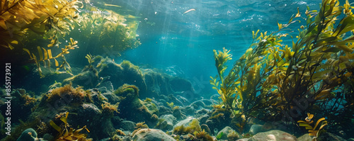 Underwater background with a rocky seabed and lush, green seaweed.