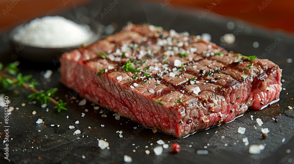 A close-up shot of a ribeye steak garnished with coarse sea salt and cracked black pepper, highlighting the intricate marbling and juicy, tender texture, set on a dark slate plate for contrast. A close-up shot of a ribeye steak garnished with coarse sea salt and cracked black pepper, highlighting the intricate marbling and juicy, tender texture, set on a dark slate plate for contrast.