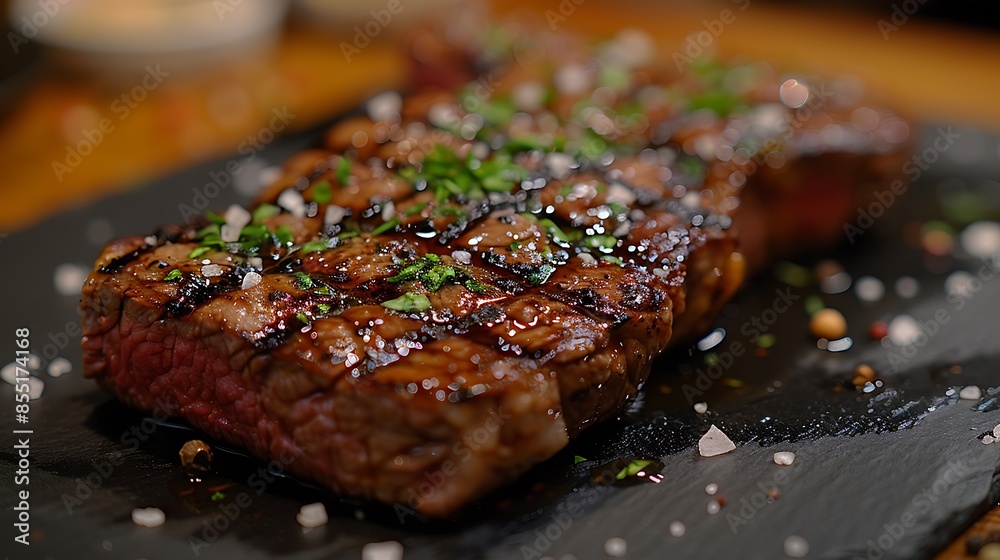 A close-up shot of a ribeye steak garnished with coarse sea salt and cracked black pepper, highlighting the intricate marbling and juicy, tender texture, set on a dark slate plate for contrast. A close-up shot of a ribeye steak garnished with coarse sea salt and cracked black pepper, highlighting the intricate marbling and juicy, tender texture, set on a dark slate plate for contrast.