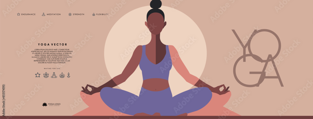 Yoga, meditation, stretching and pilates. Vector minimalistic illustration of a woman in sportswear in the lotus position exercising in the studio, logo for poster, invitation, flyer or background Yoga, meditation, stretching and pilates. Vector minimalistic illustration of a woman in sportswear in the lotus position exercising in the studio, logo for poster, invitation, flyer or background