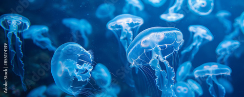 Underwater background with a swarm of jellyfish illuminating the deep blue sea.
