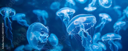 Fototapeta na wymiar Underwater background with a swarm of jellyfish illuminating the deep blue sea.