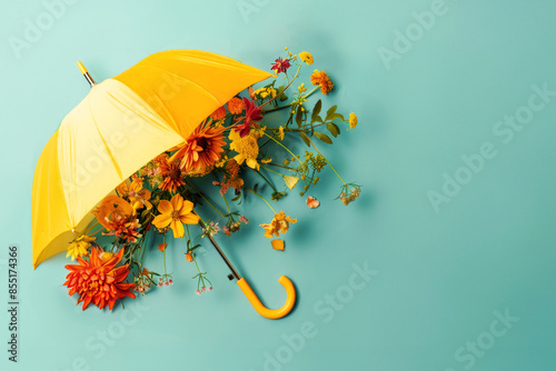 A yellow umbrella with attached flowers leans diagonally across a bright turquoise background, displaying elegance and charm