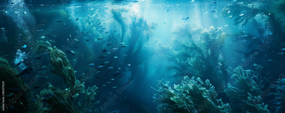 Fototapeta premium Underwater background with vast kelp forests and small fish weaving through.