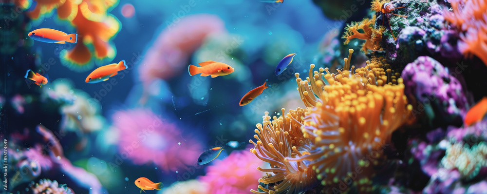 Fototapeta premium Underwater background with vibrant, swaying coral and small, curious fish.