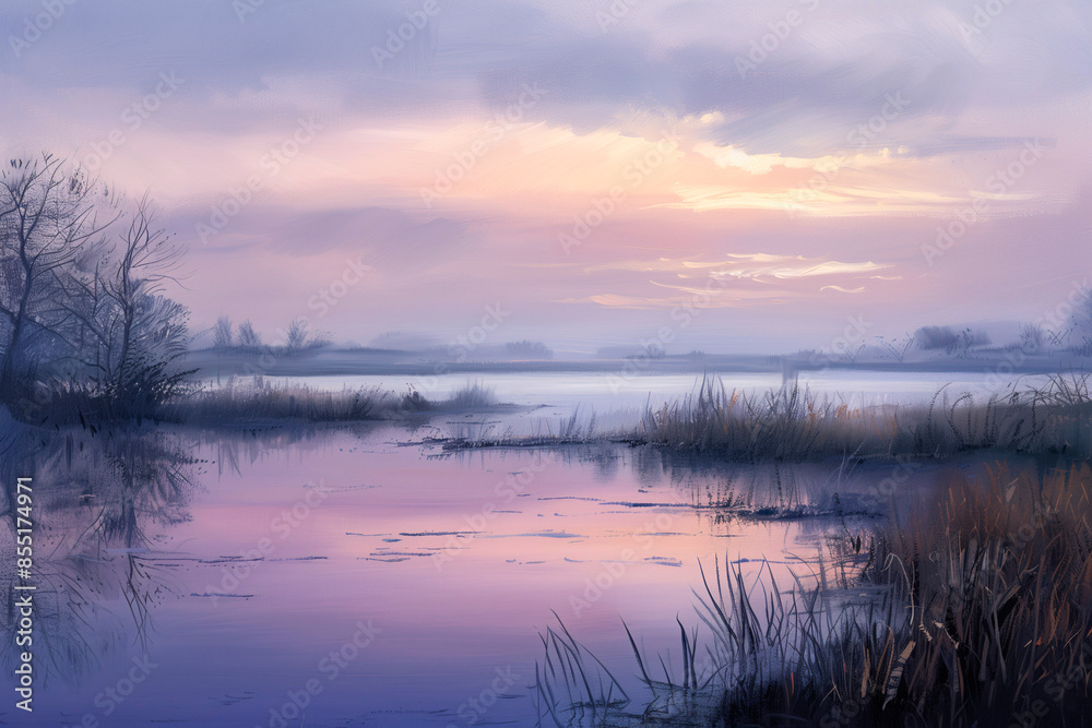 Illustration of tranquil solitude is mirrored in serene waters under dawn sky awash with soft pastels creating landscape of quiet reflection. Illustration of tranquil solitude is mirrored in serene waters under dawn sky awash with soft pastels creating landscape of quiet reflection.