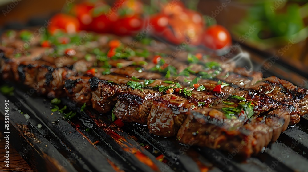 A close-up shot of a skirt steak served with a side of grilled vegetables, the fibrous texture in focus, steam rising to show the freshness and heat. Created Using: macro lens, high-speed photography A close-up shot of a skirt steak served with a side of grilled vegetables, the fibrous texture in focus, steam rising to show the freshness and heat. Created Using: macro lens, high-speed photography