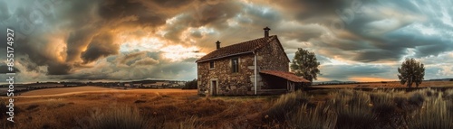 Historic stone house in rural landscape under cloudy sky