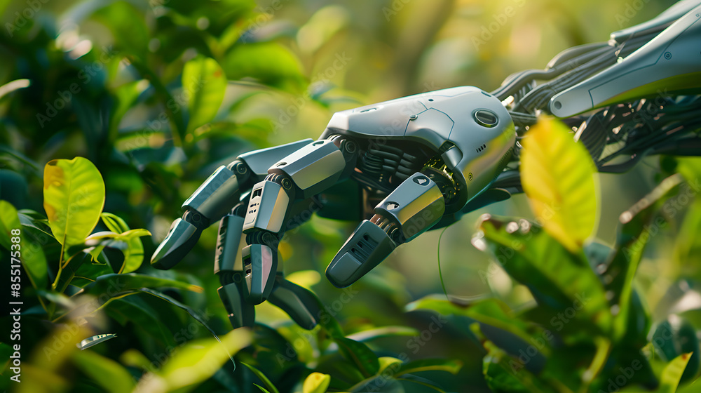 Robotic hand amidst nature, a symbiosis of technology and the environment, AI for green growth Robotic hand amidst nature, a symbiosis of technology and the environment, AI for green growth