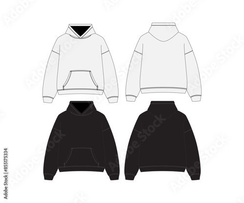Black White Hoodie Template Hoodie Sweatshirt Long Sleeve Hoody for Design Mockup Print Isolated on White Background Black Streetwear Hoodie Technical Sketch Clothes Fashion Vector Illustration