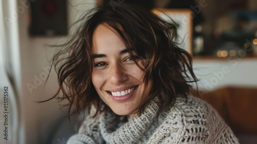 smiling woman with messy hair wearing cozy knit sweater lifestyle portrait photography © Bijac